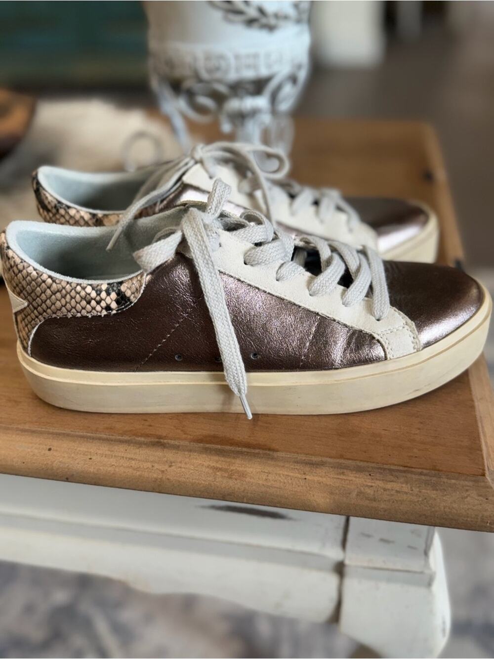 ShuShop Metallic Bronze Low-Top Sneakers with Snake-Print Accentsize 7.5